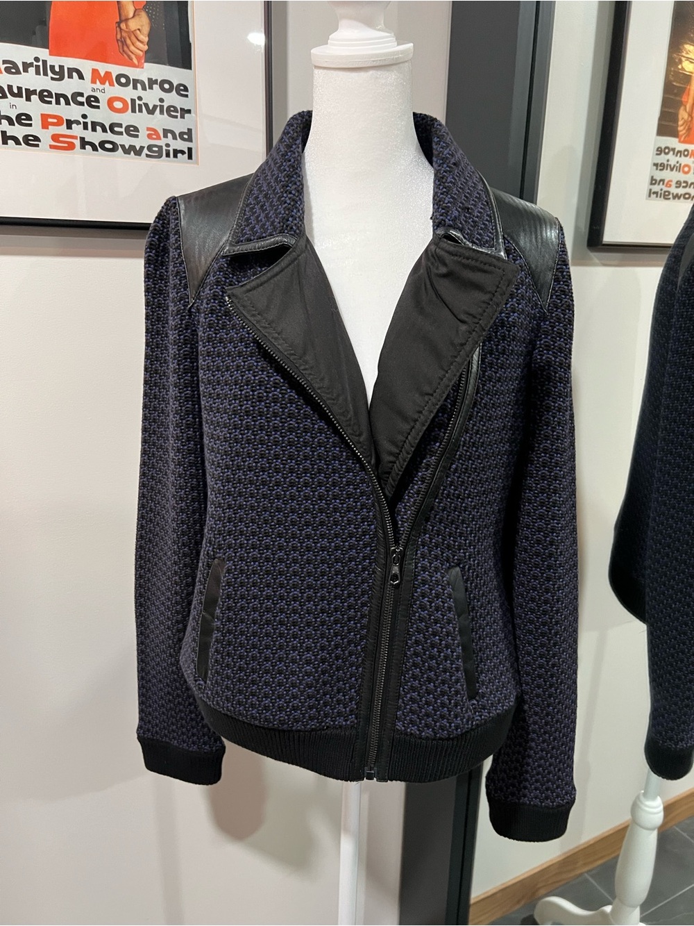 rag & bone Blue, Purple and Black Textured Jacket with Lamb Leather Trim.